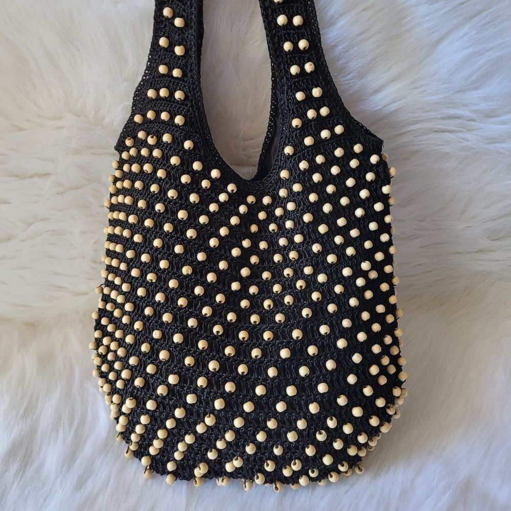 Black With Ivory Beads Macrame Shoulder Bag